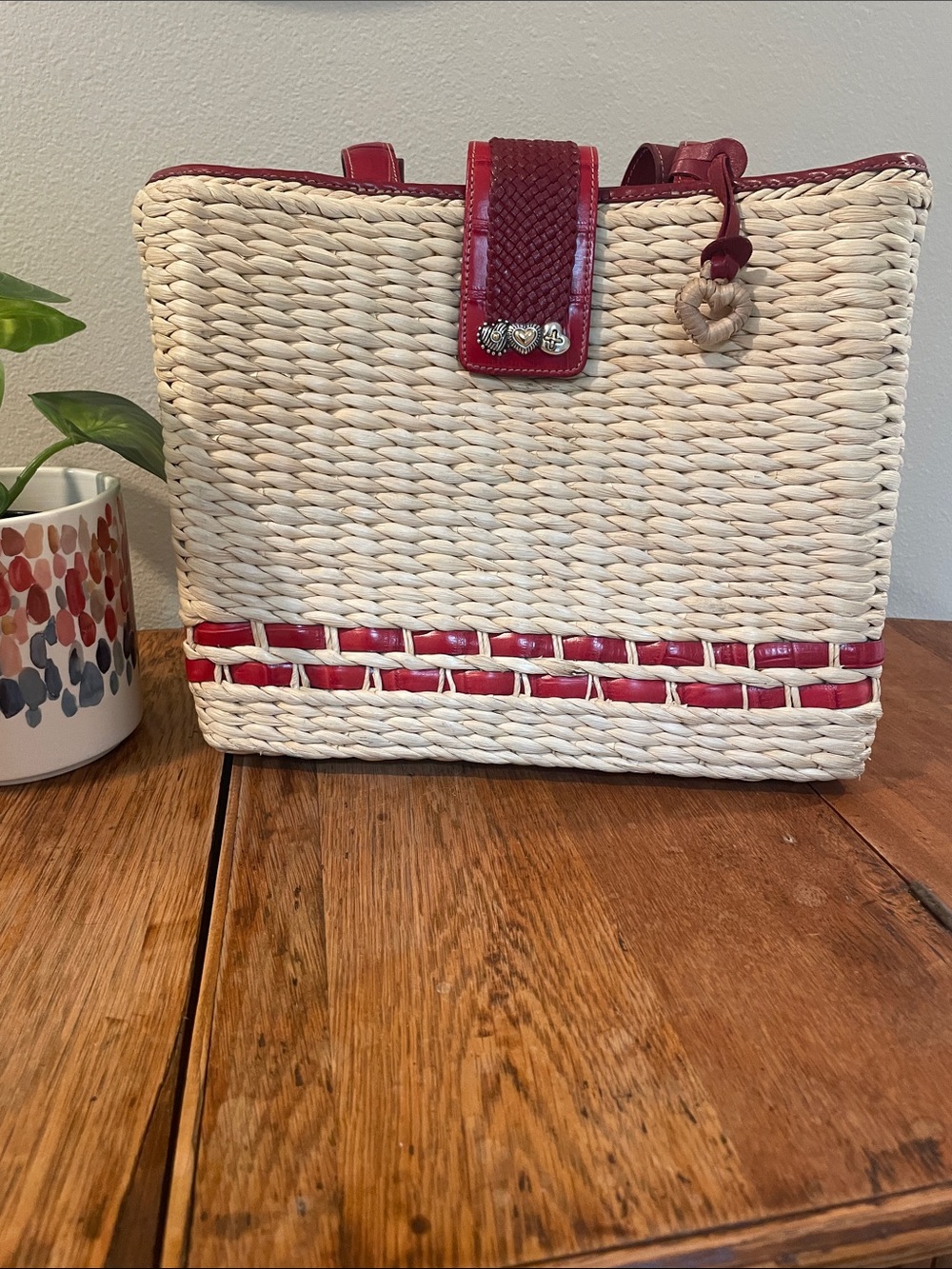 Vintage Brighton Woven Straw Tote Bag – Red Leather Trim – Heart Hardware